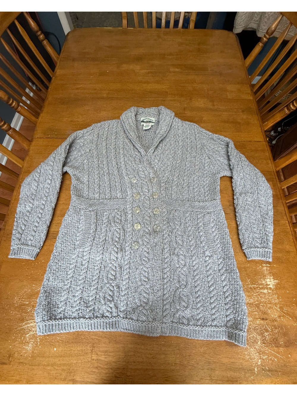 Aran Crafts Light Gray Cable Knit Shawl Collar Cardigan